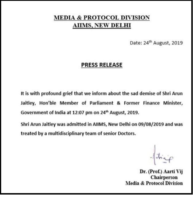 Former Union Minister Arun Jaitley passes away at 66